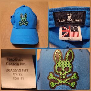 Psycho Bunny Jordan Mesh Baseball Blue Cap B6A351S1HT Green Bunny Logo